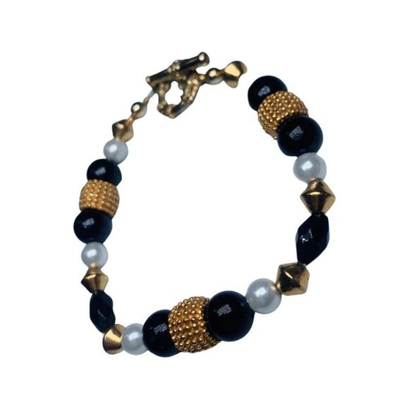 Womens White Pearl Black Beaded Vintage Gold Tone Tennis Bracelet 7.5” - Picture 5 of 6